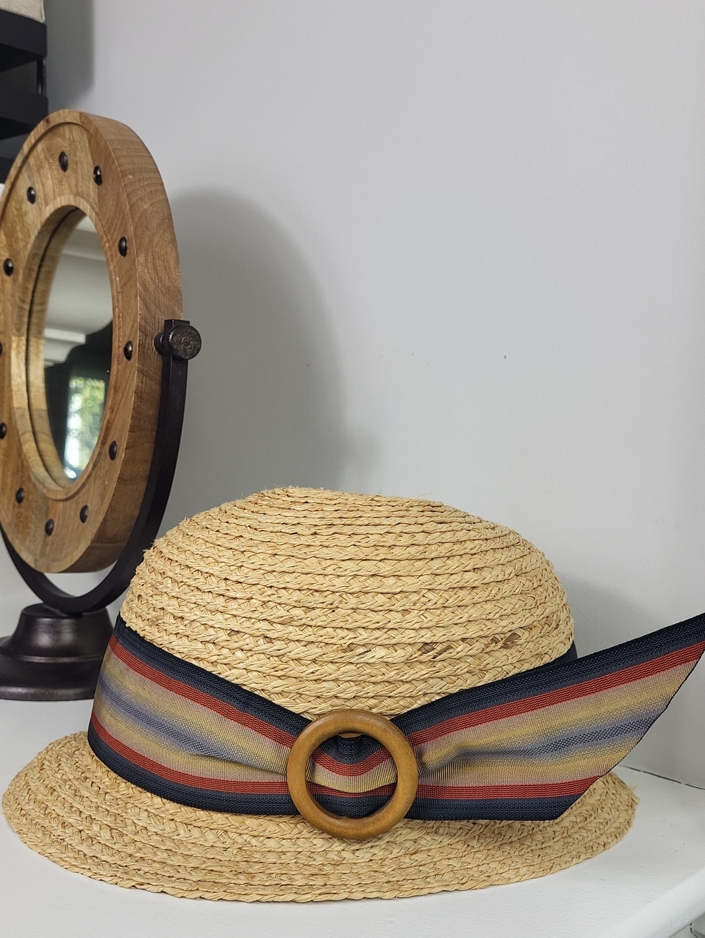 Goorin Bros Tan Straw Cloche with Multicolor Ribbon Band. Size L